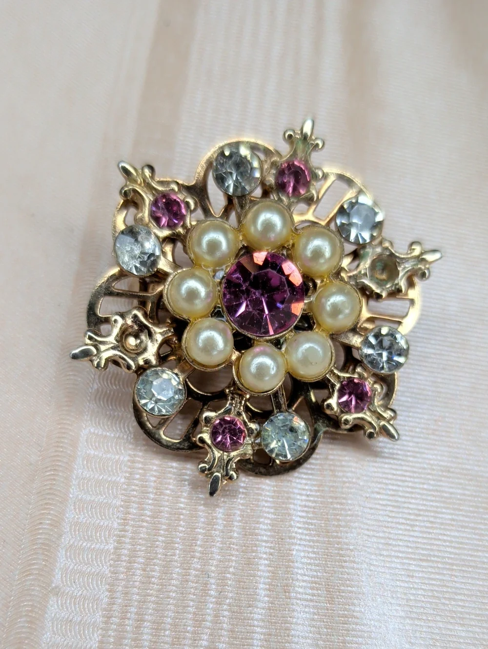 Vintage 50s Aurora Crystal Brooch Pearl & Pink Snowflake Retro Starburst MCM